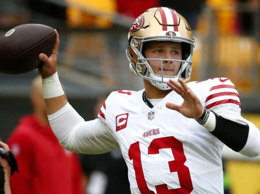 Brock Purdy #13 of the San Francisco 49ers warms up prior to a game against the Pittsburgh Steelers at Acrisure Stadium on September 10, 2023 in Pittsburgh, Pennsylvania.
