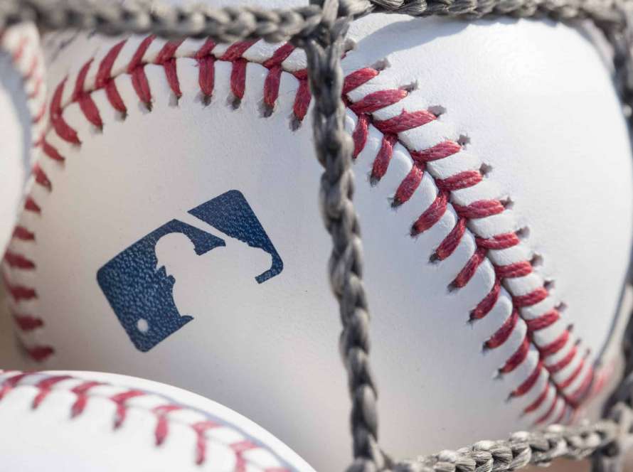 A baseball with MLB logo is seen at Citizens Bank Park before a game between the Washington Nationals and Philadelphia Phillies on June 28, 2018 in Philadelphia, Pennsylvania.