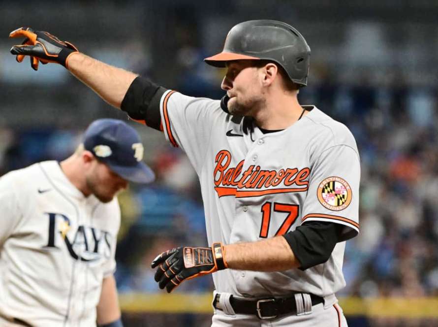 Colton Cowser #17 of the Baltimore Orioles reacts after hitting a single in the seventh inning against the Tampa Bay Rays at Tropicana Field on July 20, 2023 in St Petersburg, Florida.