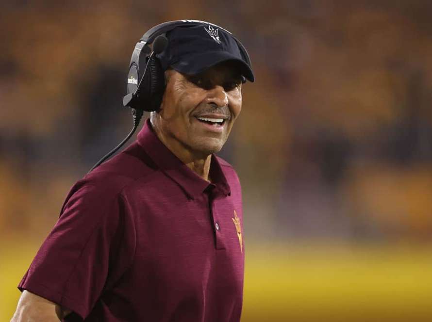 Head coach Herm Edwards of the Arizona State Sun Devils reacts during the first half of the NCAAF game against the Northern Arizona Lumberjacks at Sun Devil Stadium on September 01, 2022 in Tempe, Arizona.