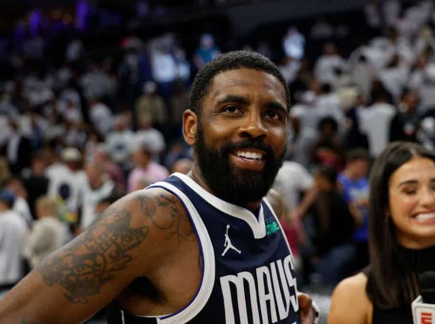 Kyrie Irving #11 of the Dallas Mavericks reacts after defeating the Minnesota Timberwolves 108-105 in Game One of the Western Conference Finals at Target Center on May 22, 2024 in Minneapolis, Minnesota.