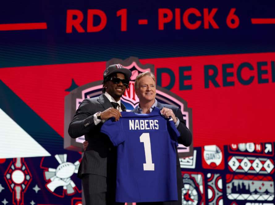 DETROIT, MICHIGAN - APRIL 25: (L-R) Malik Nabers poses with NFL Commissioner Roger Goodell after being selected sixth overall by the New York Giants during the first round of the 2024 NFL Draft at Campus Martius Park and Hart Plaza on April 25, 2024 in Detroit, Michigan.