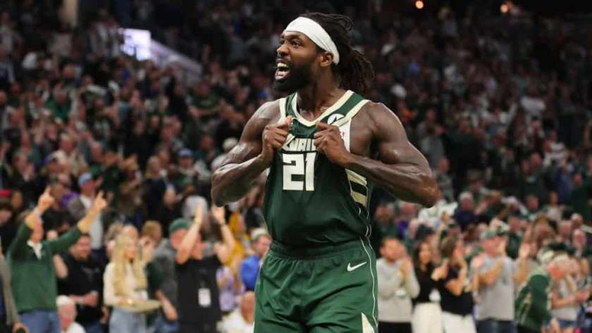 Patrick Beverley #21 of the Milwaukee Bucks reacts to a score during the second half of game five of the Eastern Conference First Round Playoffs against the Indiana Pacers at Fiserv Forum on April 30, 2024 in Milwaukee, Wisconsin.