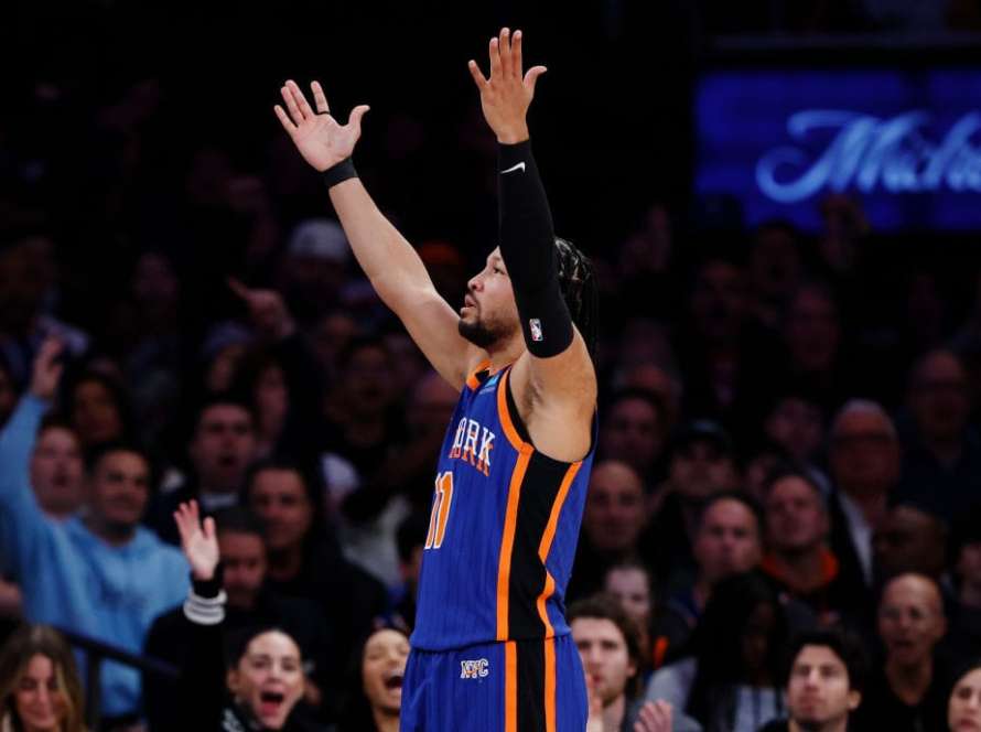 Jalen Brunson #11 of the New York Knicks reacts after scoring during the first half against the Philadelphia 76ers at Madison Square Garden on March 10, 2024 in New York City.