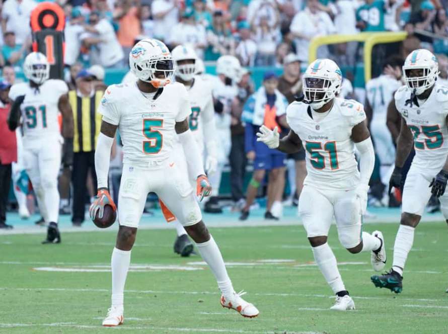 Jalen Ramsey #5 of the Miami Dolphins celebrates after an interception during the fourth quarter in the game against the Las Vegas Raiders at Hard Rock Stadium on November 19, 2023 in Miami Gardens, Florida.