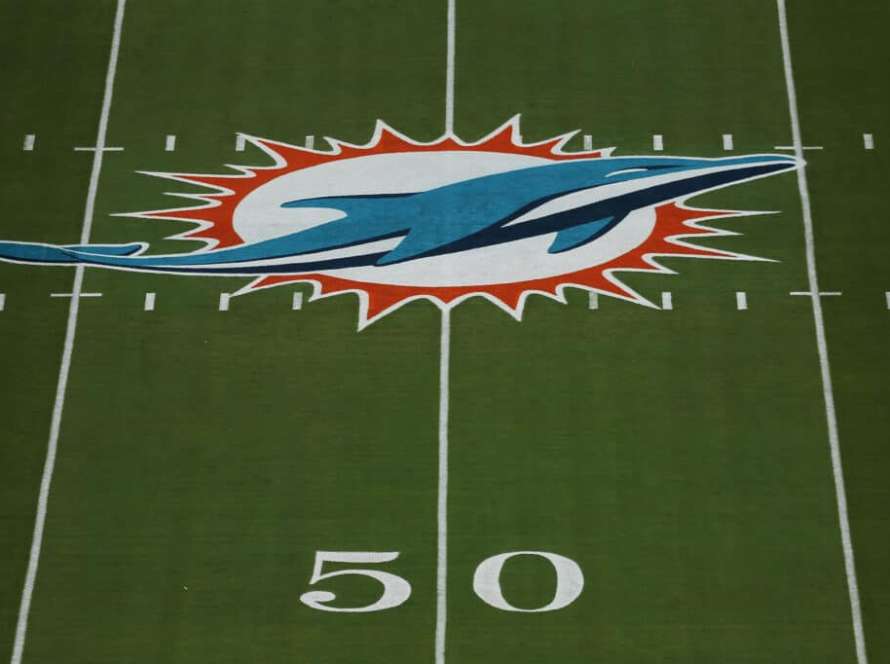 A detail of the Miami Dolphins logo prior to the game against the Buffalo Bills at Hard Rock Stadium on September 20, 2020 in Miami Gardens, Florida.