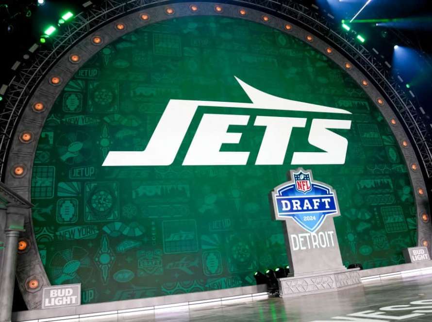 A detail of the New York Jets during the last pick of round seven of the 2024 NFL draft at Campus Martius Park and Hart Plaza on April 27, 2024 in Detroit, Michigan.