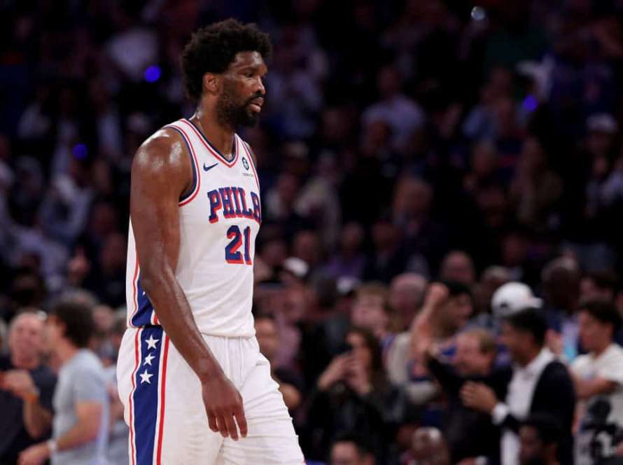 Joel Embiid #21 of the Philadelphia 76ers heads for the bench during the second half against the New York Knicks at Madison Square Garden on April 30, 2024 in New York City. The Philadelphia 76ers defeated the New York Knicks 112-106 in overtime.