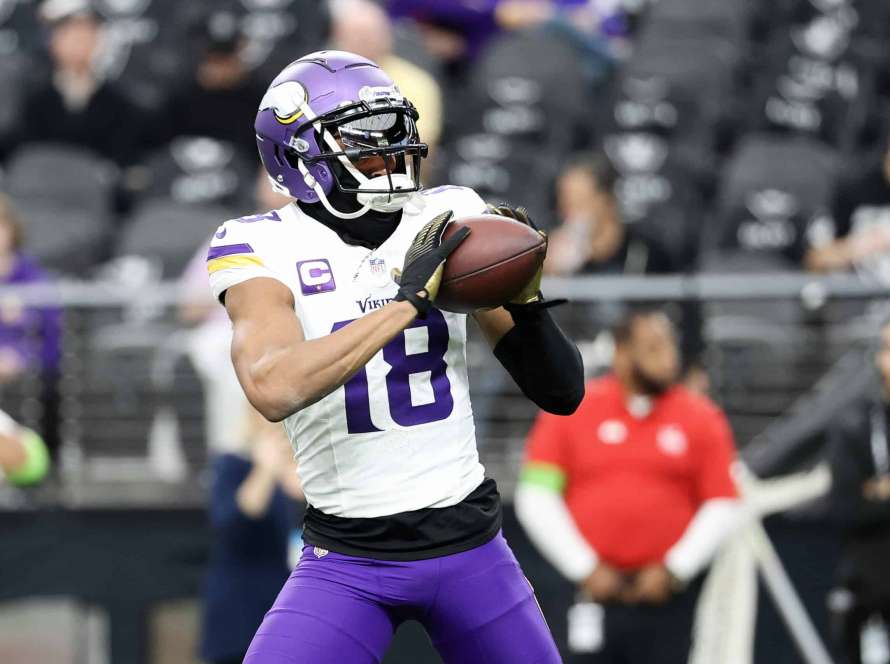 LAS VEGAS, NEVADA - DECEMBER 10: Justin Jefferson #18 of the Minnesota Vikings warms up before the game against the Las Vegas Raiders at Allegiant Stadium on December 10, 2023 in Las Vegas, Nevada.