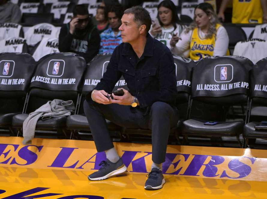LOS ANGELES, CALIFORNIA - DECEMBER 25: Rob Pelinka, vice president of basketball operations and general manager of the Los Angeles Lakers looks on prior to the game against the Boston Celtics at Crypto.com Arena on December 25, 2023 in Los Angeles, California. NOTE TO USER: User expressly acknowledges and agrees that, by downloading and or using this photograph, User is consenting to the terms and conditions of the Getty Images License Agreement.