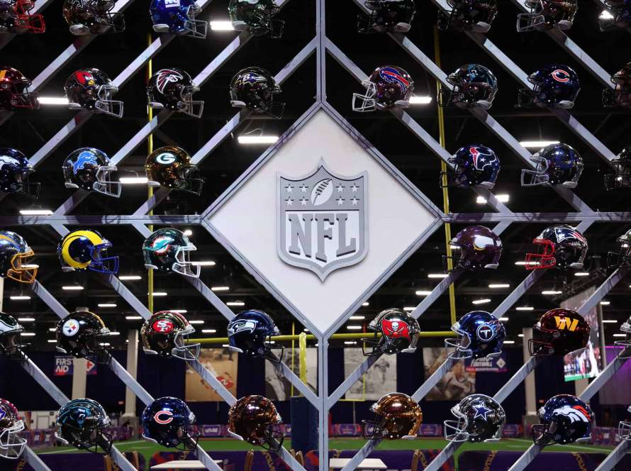 LAS VEGAS, NEVADA - FEBRUARY 06: A general view of NFL logo displayed in the NFL Super Bowl Experience ahead of Super Bowl LVIII on February 06, 2024 in Las Vegas, Nevada.