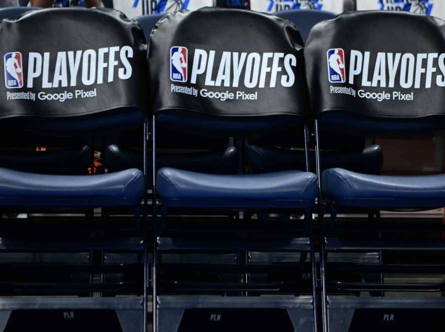 OKLAHOMA CITY, OKLAHOMA - MAY 07: A general view of the playoffs logo is seen on a chair prior to Game One of the Western Conference Second Round Playoffs between the Dallas Mavericks and the Oklahoma City Thunder at Paycom Center on May 07, 2024 in Oklahoma City, Oklahoma. NOTE TO USER: User expressly acknowledges and agrees that, by downloading and or using this photograph, User is consenting to the terms and conditions of the Getty Images License Agreement.