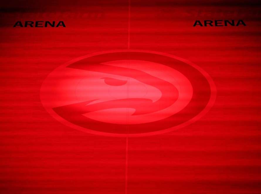 ATLANTA, GEORGIA - JANUARY 06: A view of the logo at center court prior to the game between the Atlanta Hawks and the Charlotte Hornets at State Farm Arena on January 06, 2021 in Atlanta, Georgia. NOTE TO USER: User expressly acknowledges and agrees that, by downloading and or using this photograph, User is consenting to the terms and conditions of the Getty Images License Agreement.