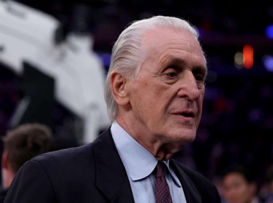 Miami Heat president Pat Riley walks by the court before the start of game two of the Eastern Conference Semifinals between the New York Knicks and the Miami Heat at Madison Square Garden on May 02, 2023 in New York City.