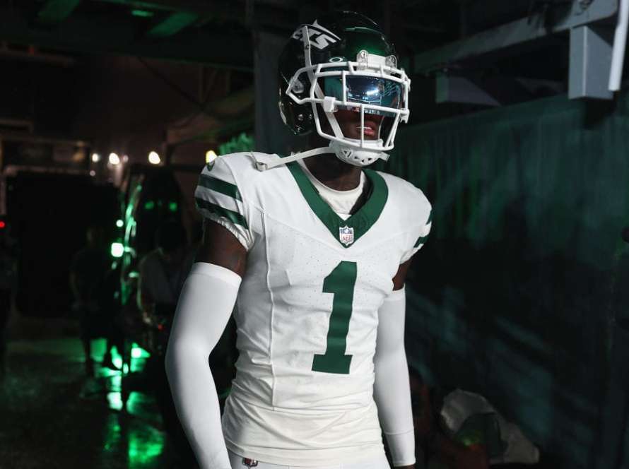 Cornerback Sauce Gardner #1 of the New York Jets walks out onto the field before the NFL game against the Buffalo Bills at MetLife Stadium on September 11, 2023 in East Rutherford, New Jersey.
