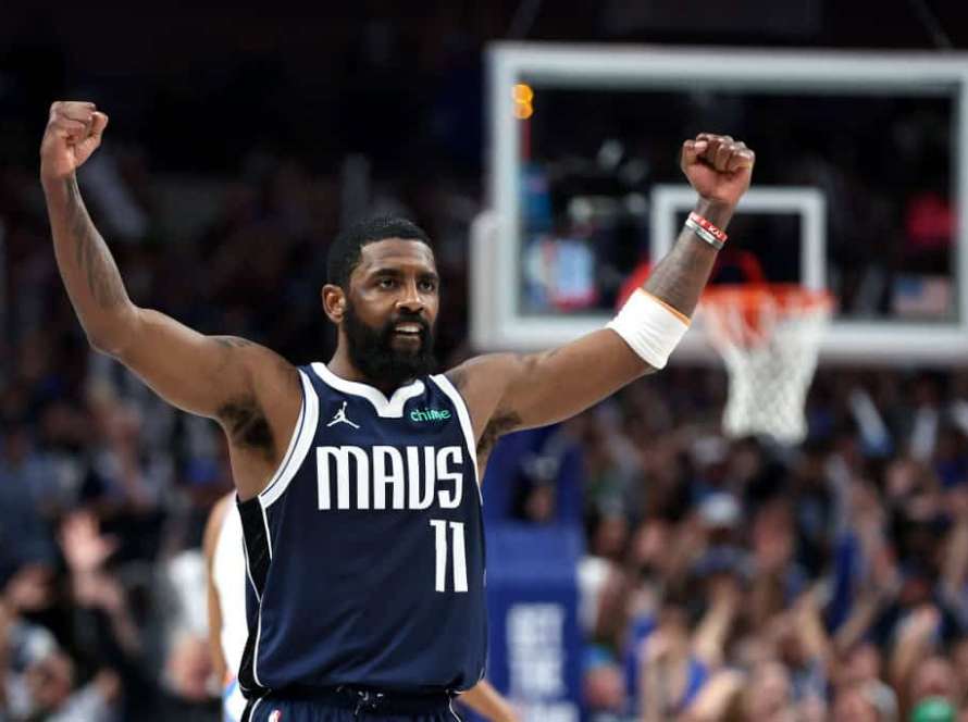 Kyrie Irving #11 of the Dallas Mavericks reacts during the fourth quarter against the Oklahoma City Thunder in Game Three of the Western Conference Second Round Playoffs at American Airlines Center on May 11, 2024 in Dallas, Texas.