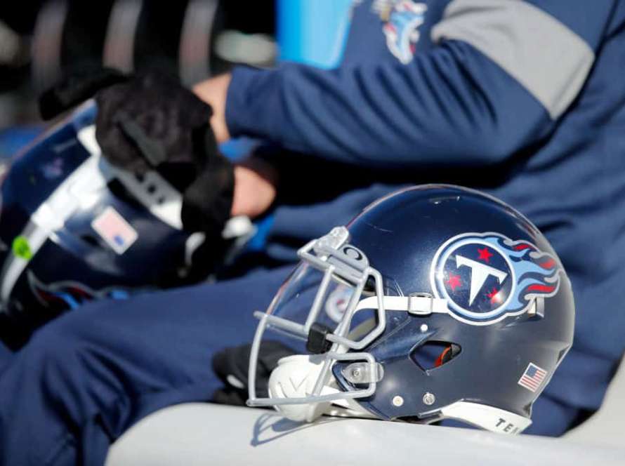 A Tennessee Titans helmet sits on the bench before the AFC Championship Game against the Kansas City Chiefs at Arrowhead Stadium on January 19, 2020 in Kansas City, Missouri.