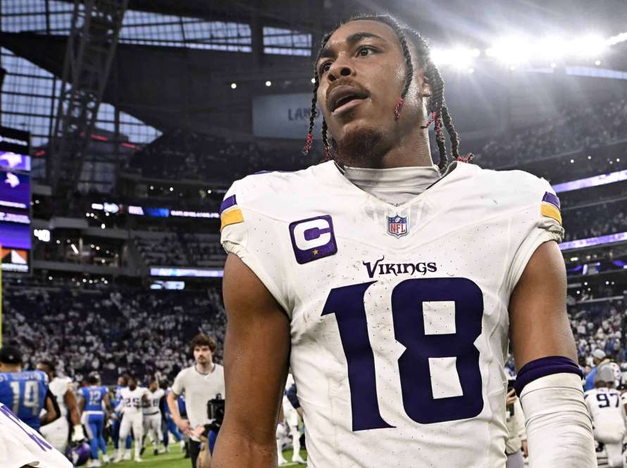 MINNEAPOLIS, MINNESOTA - DECEMBER 24: Justin Jefferson #18 of the Minnesota Vikings reacts after the team's 30-24 loss against the Detroit Lions at U.S. Bank Stadium on December 24, 2023 in Minneapolis, Minnesota.