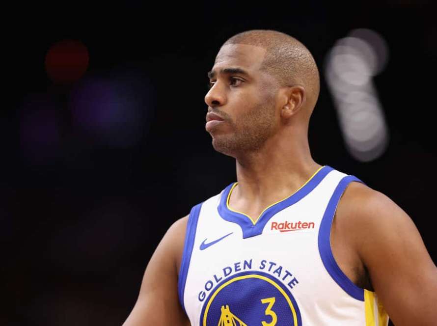 Chris Paul #3 of the Golden State Warriors during the NBA game at Footprint Center on December 12, 2023 in Phoenix, Arizona. The Suns defeated the Warriors 119-116.