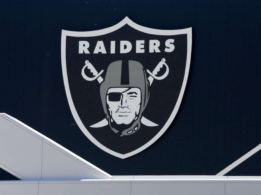 A team logo is shown above the entrance at the 336,000-square-foot Las Vegas Raiders Headquarters/Intermountain Healthcare Performance Center under construction on June 10, 2020 in Henderson, Nevada. The site will serve as the team's practice facility and will include three outdoor football fields, a 150,000-square-foot field house with one-and-a-half indoor football fields, a three-story office area, and a 50,000-square-foot performance center.