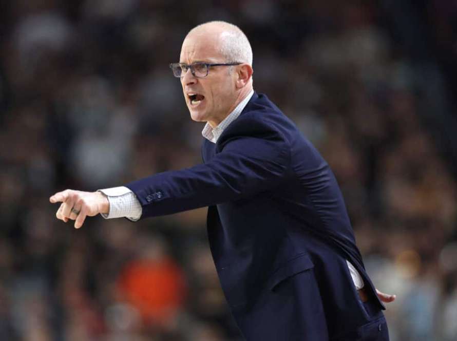 GLENDALE, ARIZONA - APRIL 08: Head coach Dan Hurley of the Connecticut Huskies calls out instructions in the first half against the Purdue Boilermakers during the NCAA Men's Basketball Tournament National Championship game at State Farm Stadium on April 08, 2024 in Glendale, Arizona.