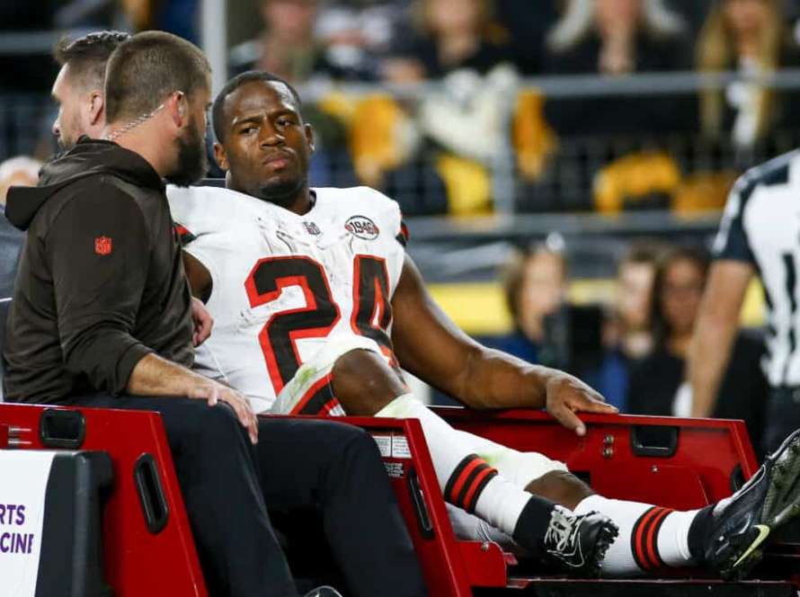 PITTSBURGH, PENNSYLVANIA - SEPTEMBER 18: Nick Chubb #24 of the Cleveland Browns is carted off the field after sustaining a knee injury during the second quarter against the Pittsburgh Steelers at Acrisure Stadium on September 18, 2023 in Pittsburgh, Pennsylvania.