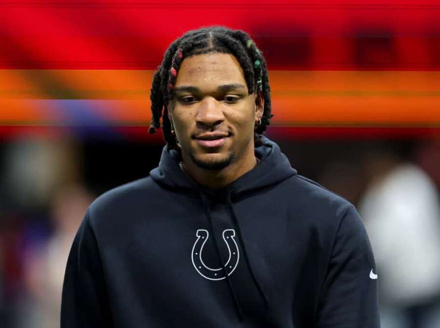 ATLANTA, GEORGIA - DECEMBER 24: Anthony Richardson #5 of the Indianapolis Colts looks on prior to the game against the Atlanta Falcons at Mercedes-Benz Stadium on December 24, 2023 in Atlanta, Georgia.