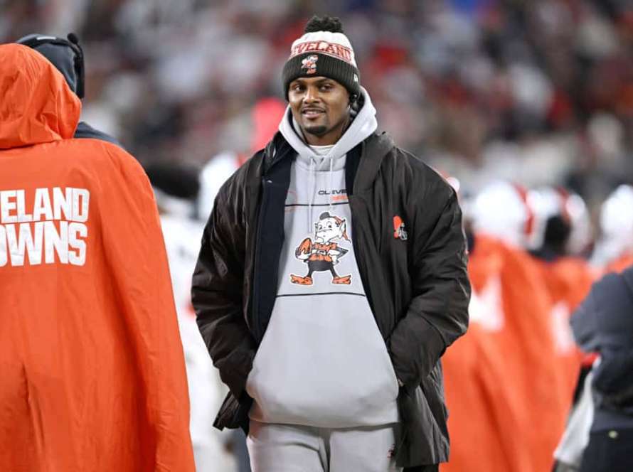 Deshaun Watson of the Cleveland Browns is seen on the sidelines in the second half against the New York Jets at Cleveland Browns Stadium on December 28, 2023 in Cleveland, Ohio.