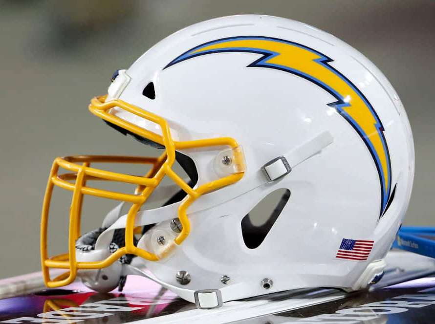 Los Angeles Chargers helmet on the sidelines prior to the start of the NFL preseason game the Arizona Cardinals at State Farm Stadium on August 08, 2019 in Glendale, Arizona.