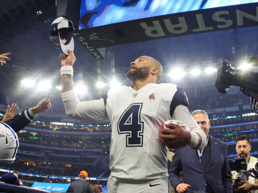 Dak Prescott #4 of the Dallas Cowboys reacts after a 33-13 victory against the Philadelphia Eagles at AT&T Stadium on December 10, 2023 in Arlington, Texas.