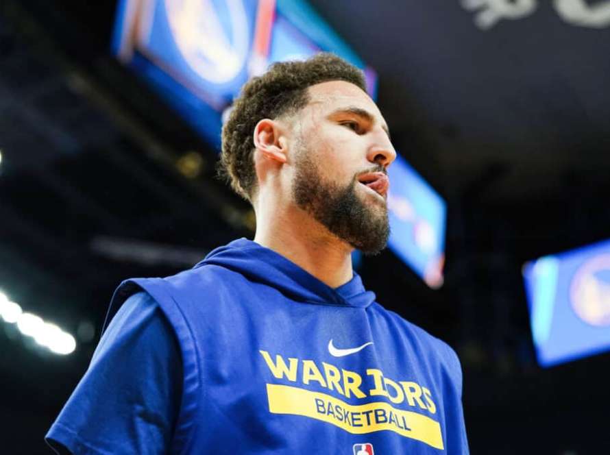 Klay Thompson #11 of the Golden State Warriors warms up before the game against the Philadelphia 76ers at Chase Center on March 24, 2023 in San Francisco, California. NOTE TO USER: User expressly acknowledges and agrees that, by downloading and/or using this photograph, User is consenting to the terms and conditions of the Getty Images License Agreement.