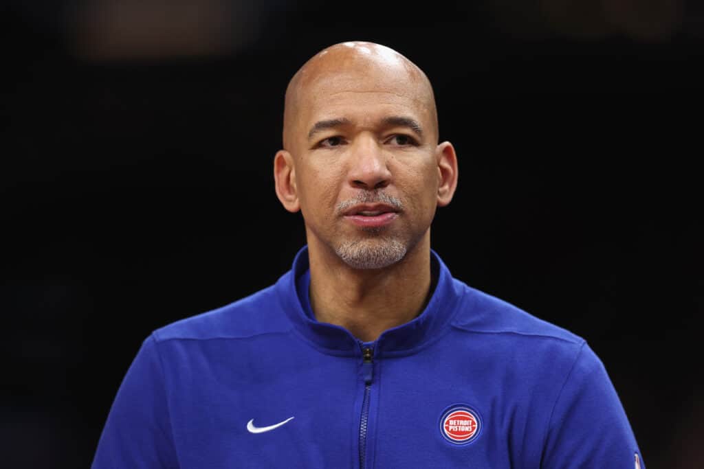 PHOENIX, ARIZONA - FEBRUARY 14: Head coach Monty Williams of the Detroit Pistons reacts during the NBA game against the Phoenix Suns at Footprint Center on February 14, 2024 in Phoenix, Arizona. NOTE TO USER: User expressly acknowledges and agrees that, by downloading and or using this photograph, User is consenting to the terms and conditions of the Getty Images License Agreement.