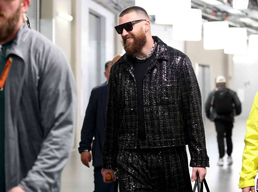 LAS VEGAS, NEVADA - FEBRUARY 11: Travis Kelce #87 of the Kansas City Chiefs walks through the tunnel as he leaves the stadium after defeating the San Francisco 49ers 25-22 in overtime during Super Bowl LVIII at Allegiant Stadium on February 11, 2024 in Las Vegas, Nevada.