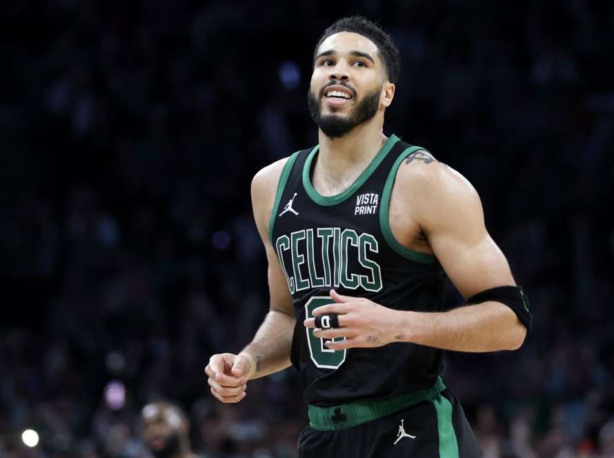 BOSTON, MASSACHUSETTS - MAY 15: Jayson Tatum #0 of the Boston Celtics smiles at the end of the game against the Cleveland Cavaliers during the fourth quarter in Game Five of the Eastern Conference Second Round Playoffs at TD Garden on May 15, 2024 in Boston, Massachusetts. NOTE TO USER: User expressly acknowledges and agrees that, by downloading and or using this photograph, User is consenting to the terms and conditions of the Getty Images License Agreement.