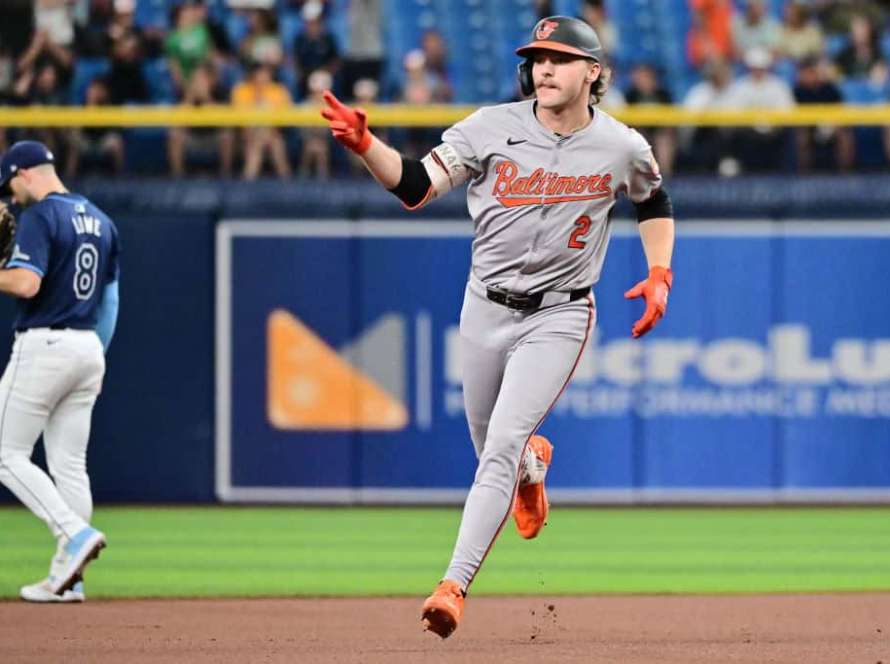 Gunnar Henderson #2 of the Baltimore Orioles runs the bases after hitting a home run in the first inning against the Tampa Bay Rays at Tropicana Field on June 10, 2024 in St Petersburg, Florida.