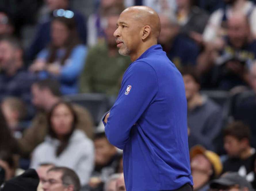 DENVER, COLORADO - JANUARY 07: Head coach Monty Williams of the Detroit Pistons watches as his team plays the Denver Nuggets in the first quarter at Ball Arena on January 07, 2024 in Denver, Colorado. NOTE TO USER: User expressly acknowledges and agrees that, by downloading and or using this photograph, User is consenting to the terms and conditions of the Getty Images License Agreement.