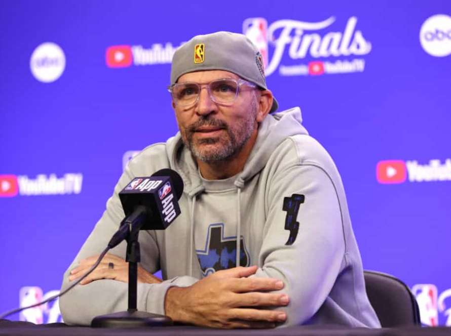 DALLAS, TEXAS - JUNE 14: Dallas Mavericks head coach Jason Kidd talks with media prior to Game Four of the 2024 NBA Finals against the Boston Celtics at American Airlines Center on June 14, 2024 in Dallas, Texas. NOTE TO USER: User expressly acknowledges and agrees that, by downloading and or using this photograph, User is consenting to the terms and conditions of the Getty Images License Agreement.
