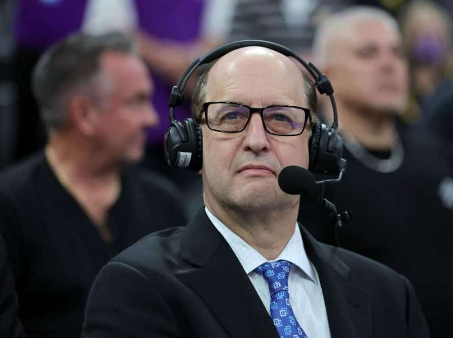 ESPN NBA color commentator Jeff Van Gundy stands for the American national anthem before calling a preseason game between the Minnesota Timberwolves and the Los Angeles Lakers at T-Mobile Arena on October 06, 2022 in Las Vegas, Nevada. The Timberwolves defeated the Lakers 114-99.