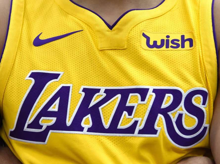 EL SEGUNDO, CA - SEPTEMBER 25: The new Los Angeles Lakers Nike jersey with the sponsor logo "Wish" on the left chest is seen during media day September 25, 2017, in El Segundo, California. NOTE TO USER: User expressly acknowledges and agrees that, by downloading and/or using this photograph, user is consenting to the terms and conditions of the Getty Images License Agreement.