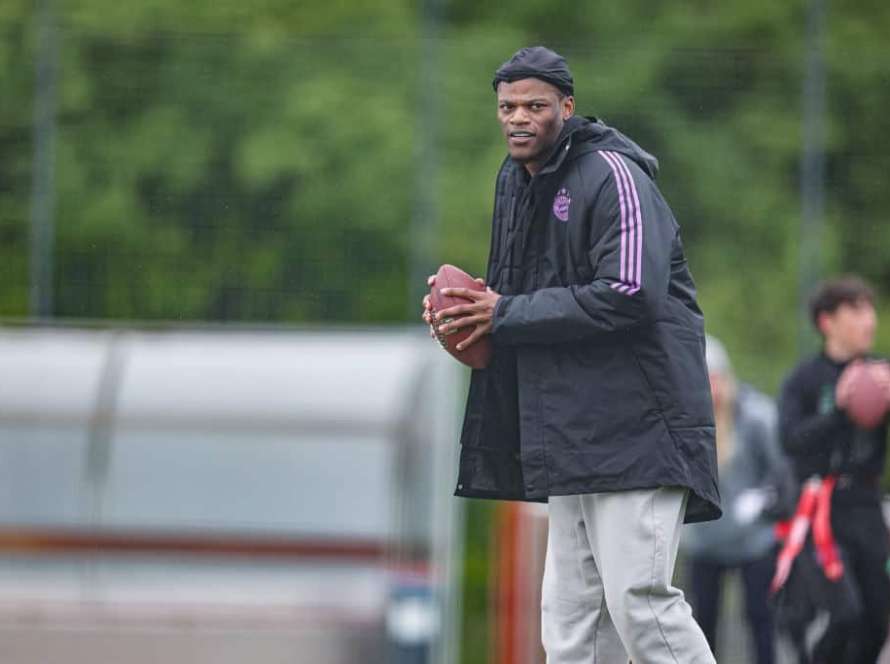 Lamar Jackson leads the 'Flag Clinic' at FC Bayern Campus on April 21, 2024 in Munich, Germany.