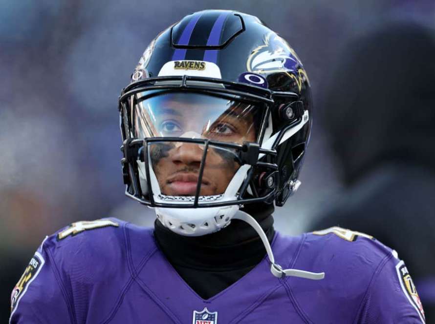 Marlon Humphrey #44 of the Baltimore Ravens looks on in the first quarter of a game against the Carolina Panthers at M&T Bank Stadium on November 20, 2022 in Baltimore, Maryland.