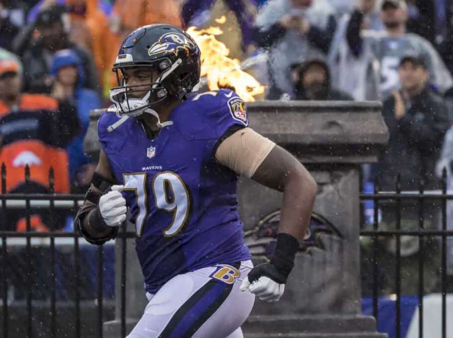 BALTIMORE, MD - SEPTEMBER 23: Ronnie Stanley #79 of the Baltimore Ravens takes the field before the game against the Denver Broncos at M&T Bank Stadium on September 23, 2018 in Baltimore, Maryland.