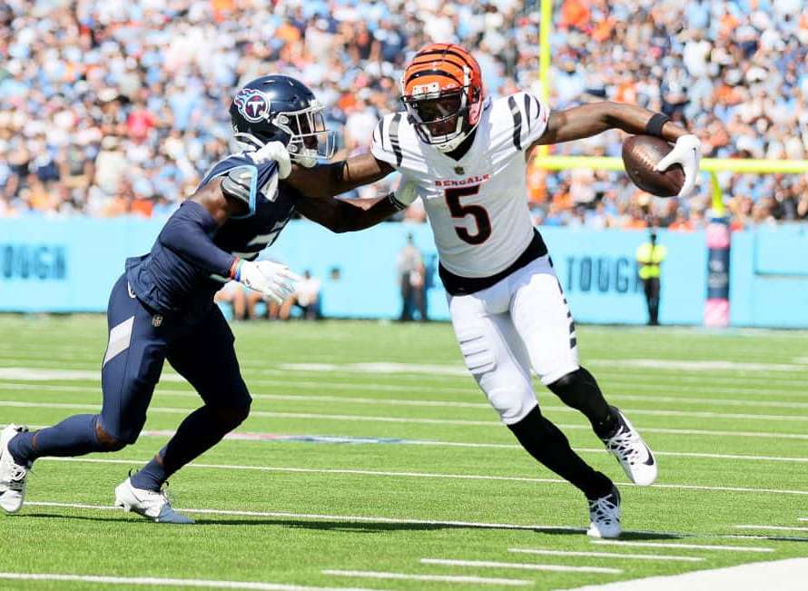 Tee Higgins #5 of the Cincinnati Bengals against the Tennessee Titans at Nissan Stadium on October 01, 2023 in Nashville, Tennessee.