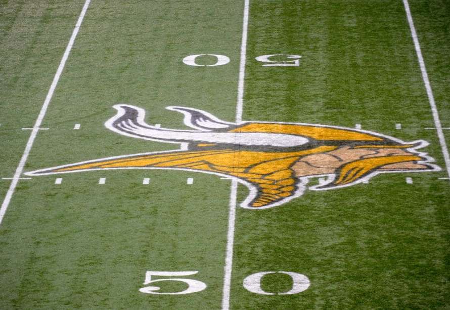A general view of the Minnesota Vikings' logo on the 50 yard line during the game between the Minnesota Vikings and the New Orleans Saints on December 18, 2011 at Mall of America Field at the Hubert H. Humphrey Metrodome in Minneapolis, Minnesota.