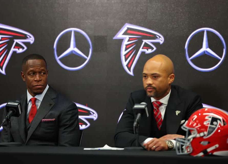 General manager Terry Fontenot of the Atlanta Falcons speaks to the media as Raheem Morris is introduced as the head coach of the Atlanta Falcons at Mercedes-Benz Stadium on February 05, 2024 in Atlanta, Georgia.