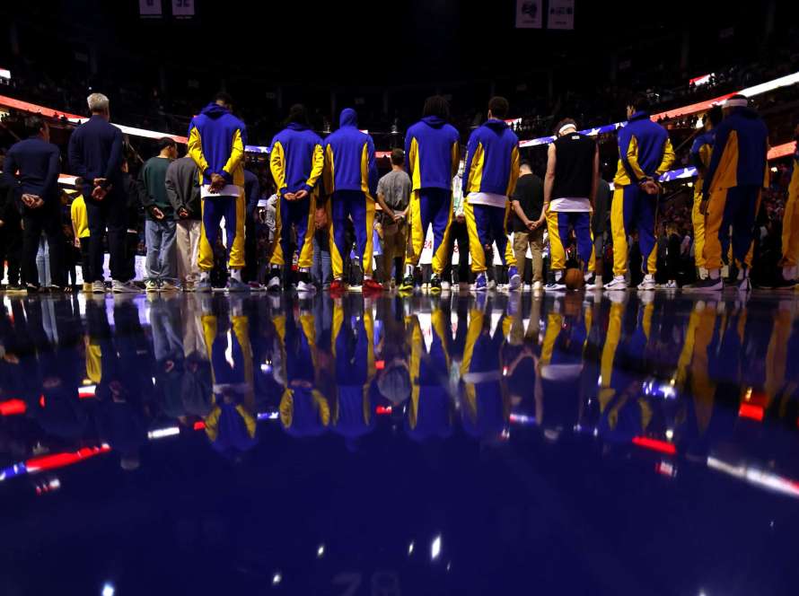 ORLANDO, FLORIDA - MARCH 27: The Golden State Warriors line up during a game against the Orlando Magic at Kia Center on March 27, 2024 in Orlando, Florida. NOTE TO USER: User expressly acknowledges and agrees that, by downloading and or using this photograph, User is consenting to the terms and conditions of the Getty Images License Agreement.