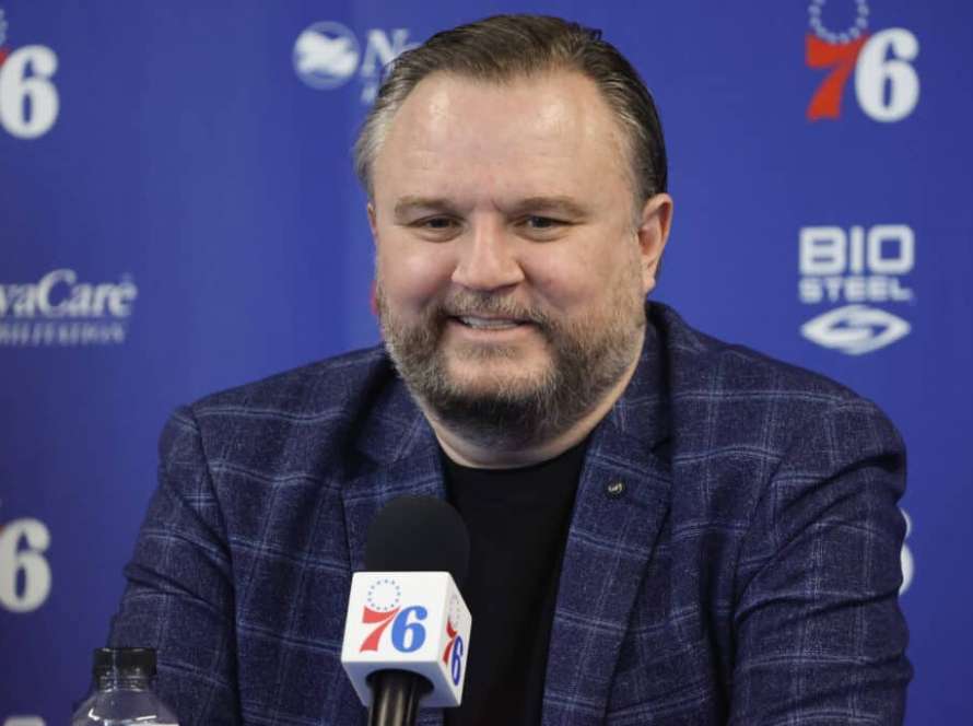President of basketball operations Daryl Morey looks on during a press conference at the Seventy Sixers Practice Facility on February 15, 2022 in Camden, New Jersey.