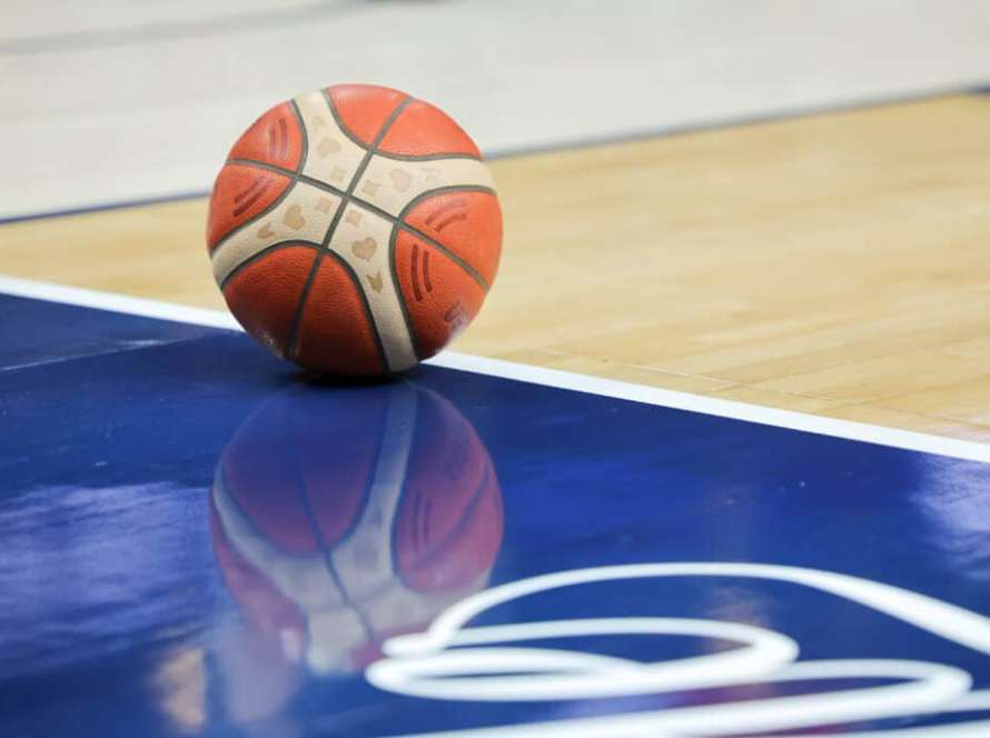 A ball is shown on the court in the second half of a 2023 FIBA World Cup exhibition game between Puerto Rico and the United States at T-Mobile Arena on August 07, 2023 in Las Vegas, Nevada. The United States defeated Puerto Rico 117-74.