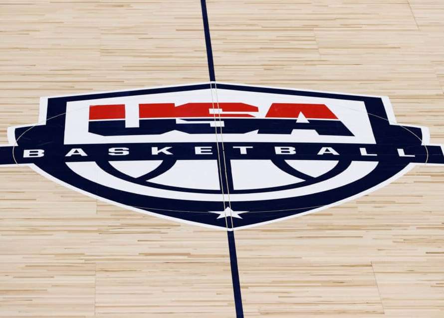 LAS VEGAS, NEVADA - JULY 16: A USA Basketball logo is shown on center court before an exhibition game between the Australia Opals and the United States at Michelob ULTRA Arena ahead of the Tokyo Olympic Games on July 16, 2021 in Las Vegas, Nevada.