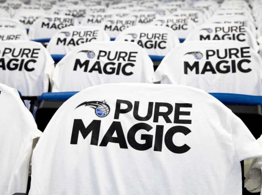 T-shirts with the Orlando Magic logo hang over spectator seats before opening night on October 26, 2016 at Amway Center in Orlando, Florida. NOTE TO USER: User expressly acknowledges and agrees that, by downloading and or using this photograph, User is consenting to the terms and conditions of the Getty Images License Agreement.